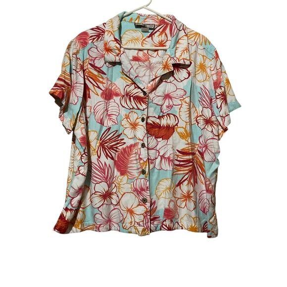 Caribbean Joe Womens Sz 3X Wooden Button Up Floral Hawaiian Shirt Vacation - Picture 1 of 8